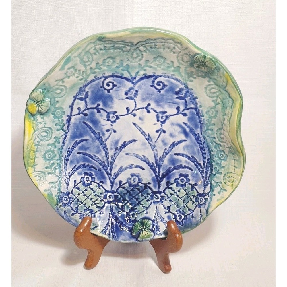 Hand Made Beautiful Colors Blue Green Yellow Ceramic Candy Dish Signed 8.25"
